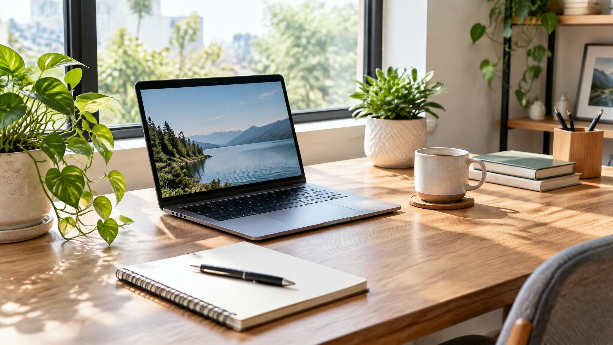 Bright modern workspace with a laptop and notebooks